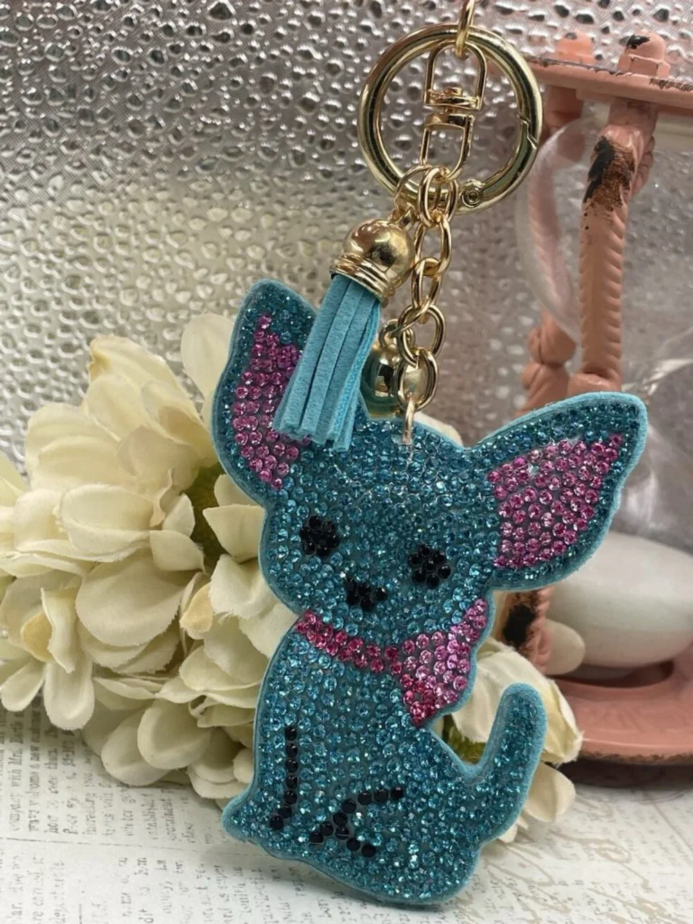 Bling Blue Dog Sparkling Rhinestone Chihuahua Keychain Gold Purse charm Gift